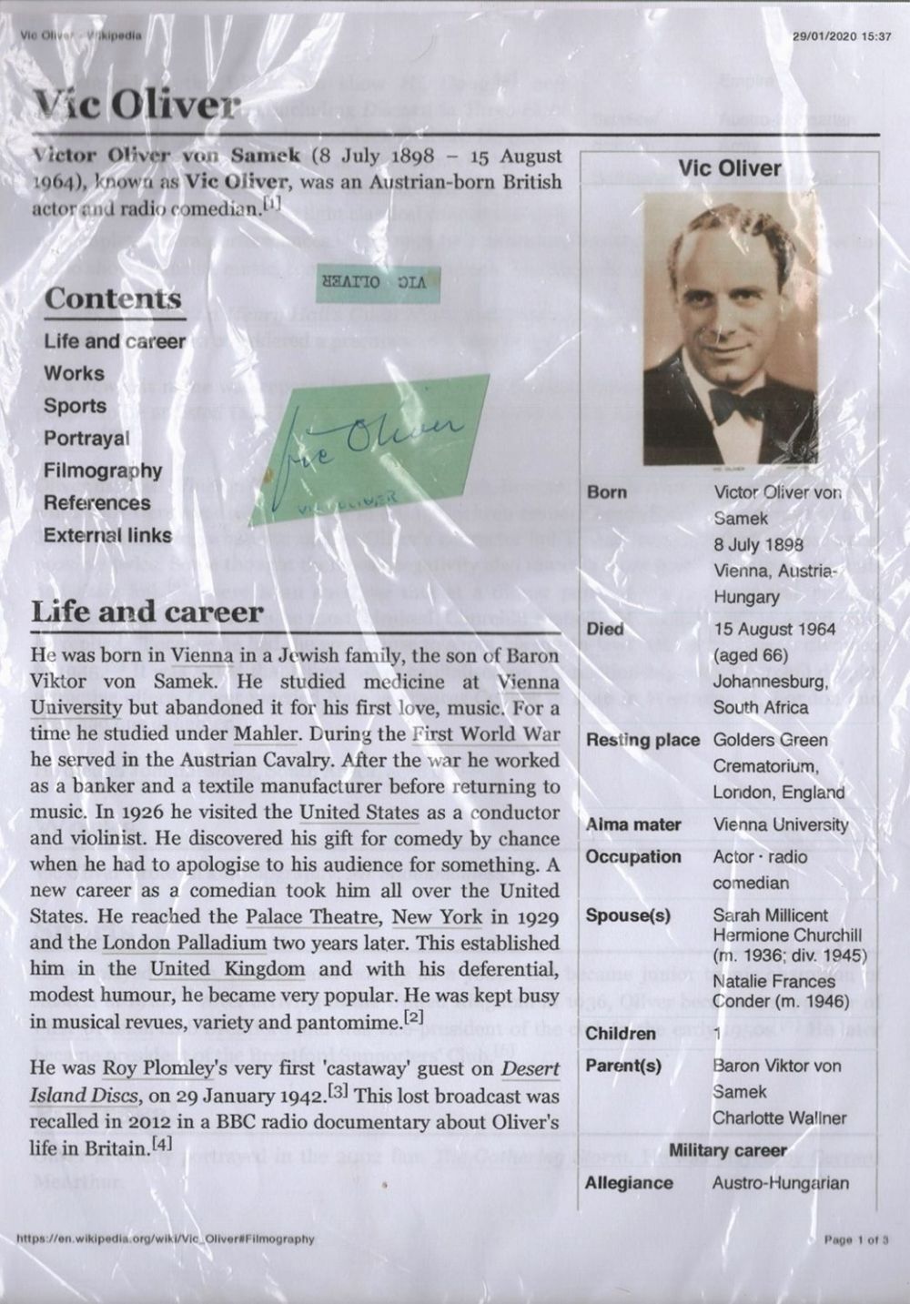 Lot 717: British Actor Vic Oliver Signed Small Signature Piece....