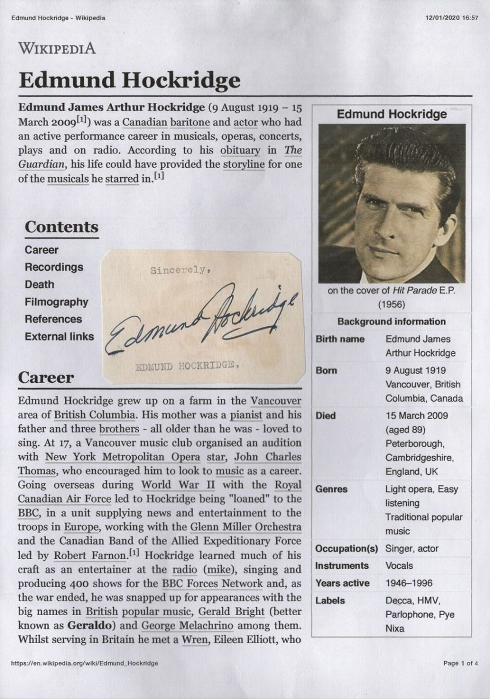 Lot 720: Canadian Baritone and Actor Edmund Hockridge Signed Signature...