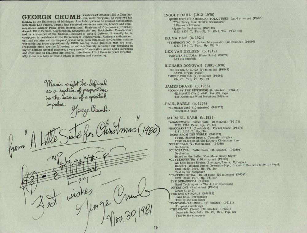 Lot 207: George Crumb AMQ. Composer. All autographed items come...
