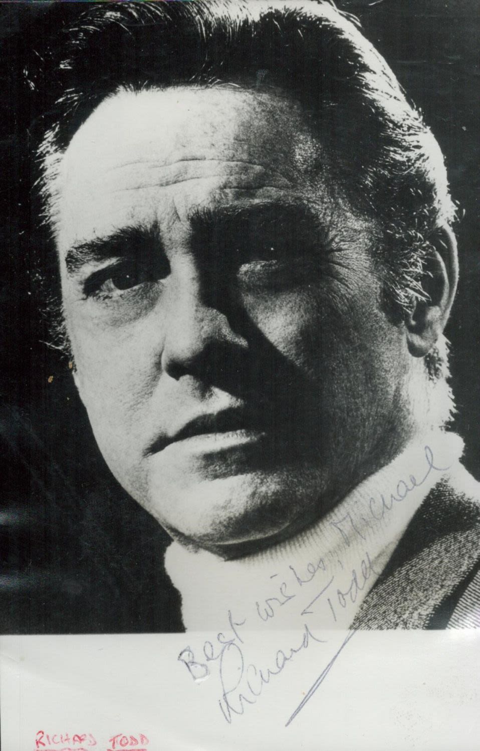 Lot 381: Richard Todd signed 6x4 black and white photo....