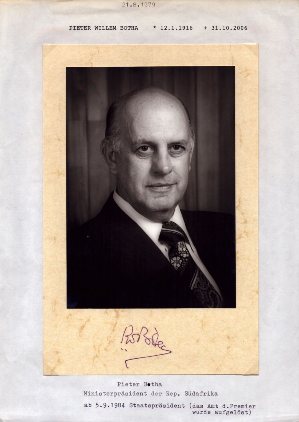 Lot 107: P. W. Botha 9x6 signature piece includes black...