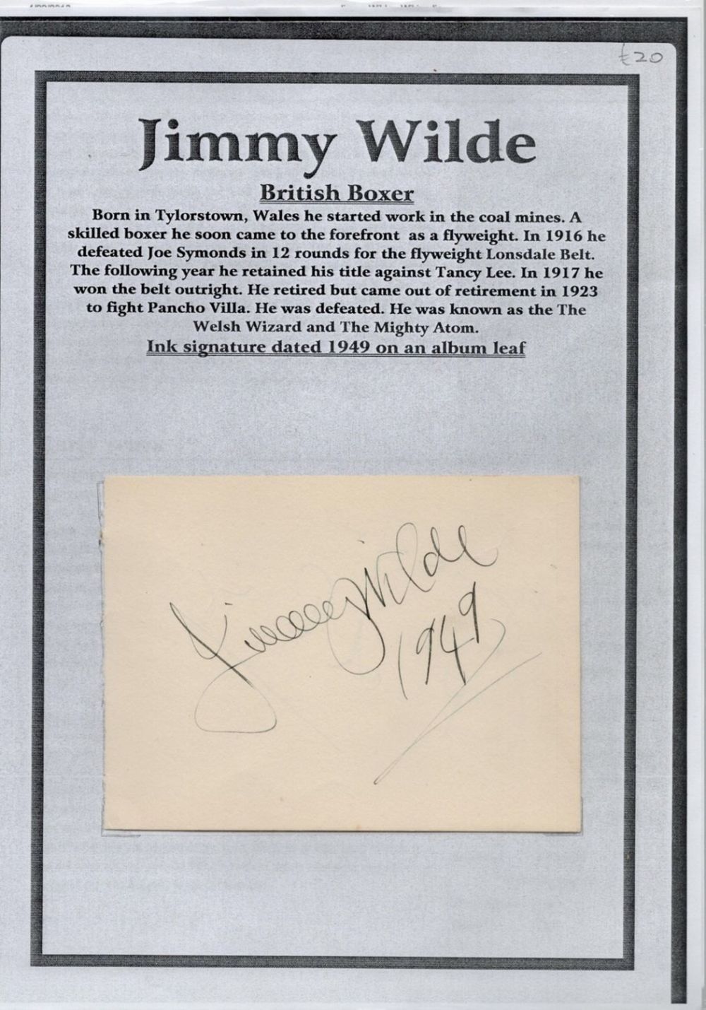 Lot 165: Jimmy Wilde signed 6x4 album page dated 1949...