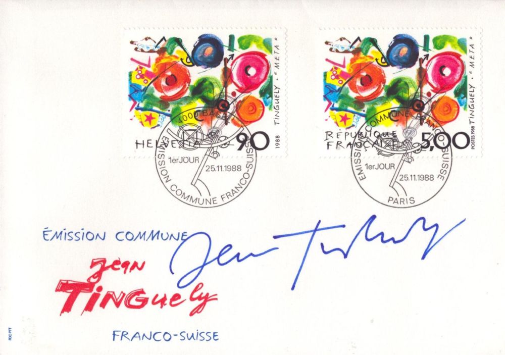 Lot 173: Jean Tinguely signed Emission Commune FDC Double PM...