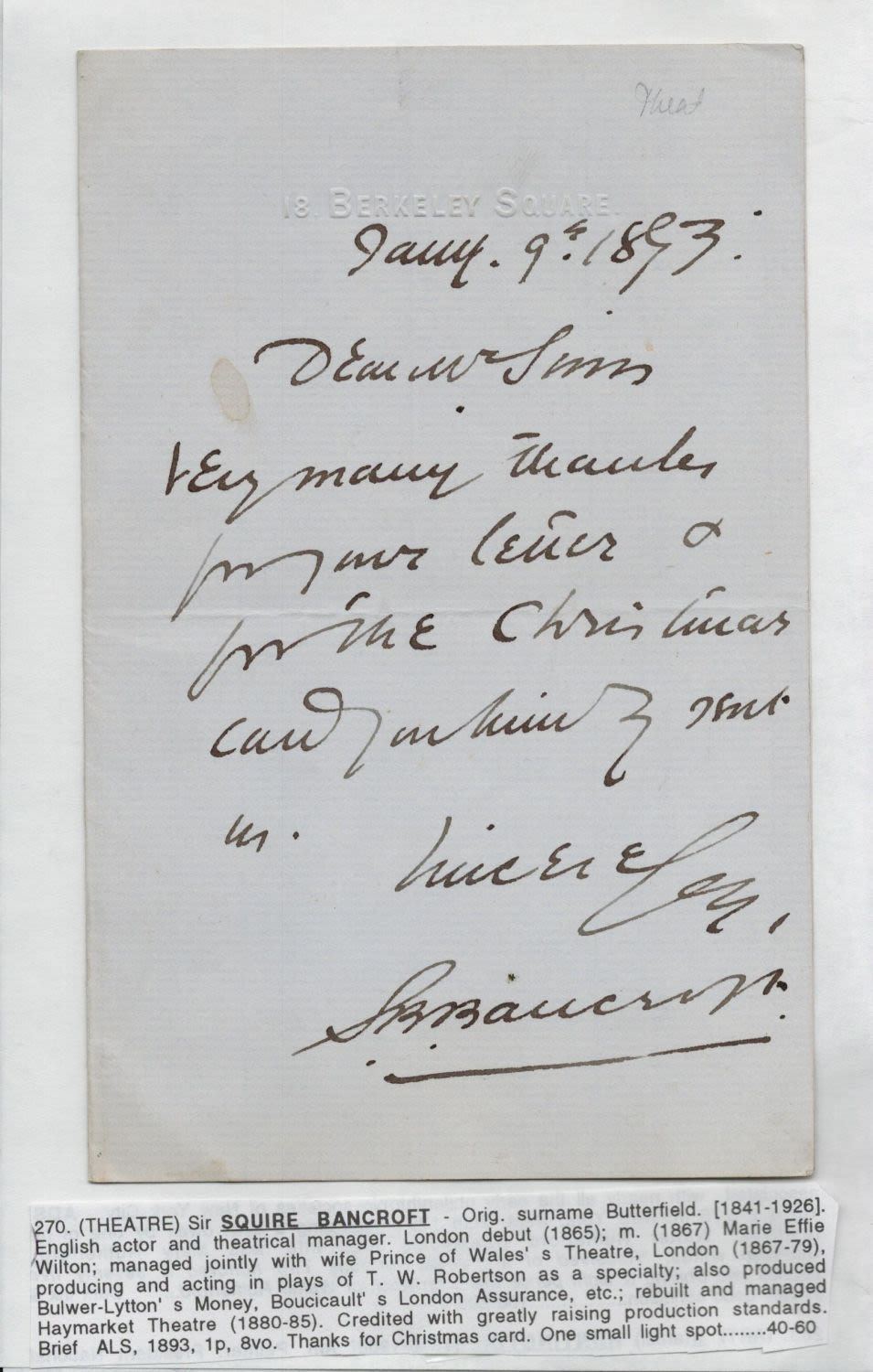 Lot 697: Sir Squire Bancroft Signed ALS Dated January 9th,...
