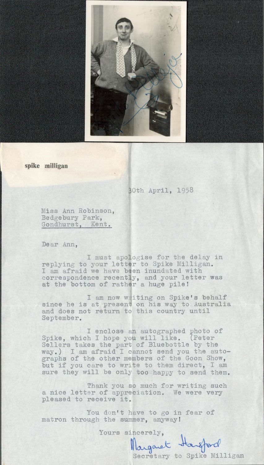 Lot 711: Spike Milligan signed 3x2 black and white photo...