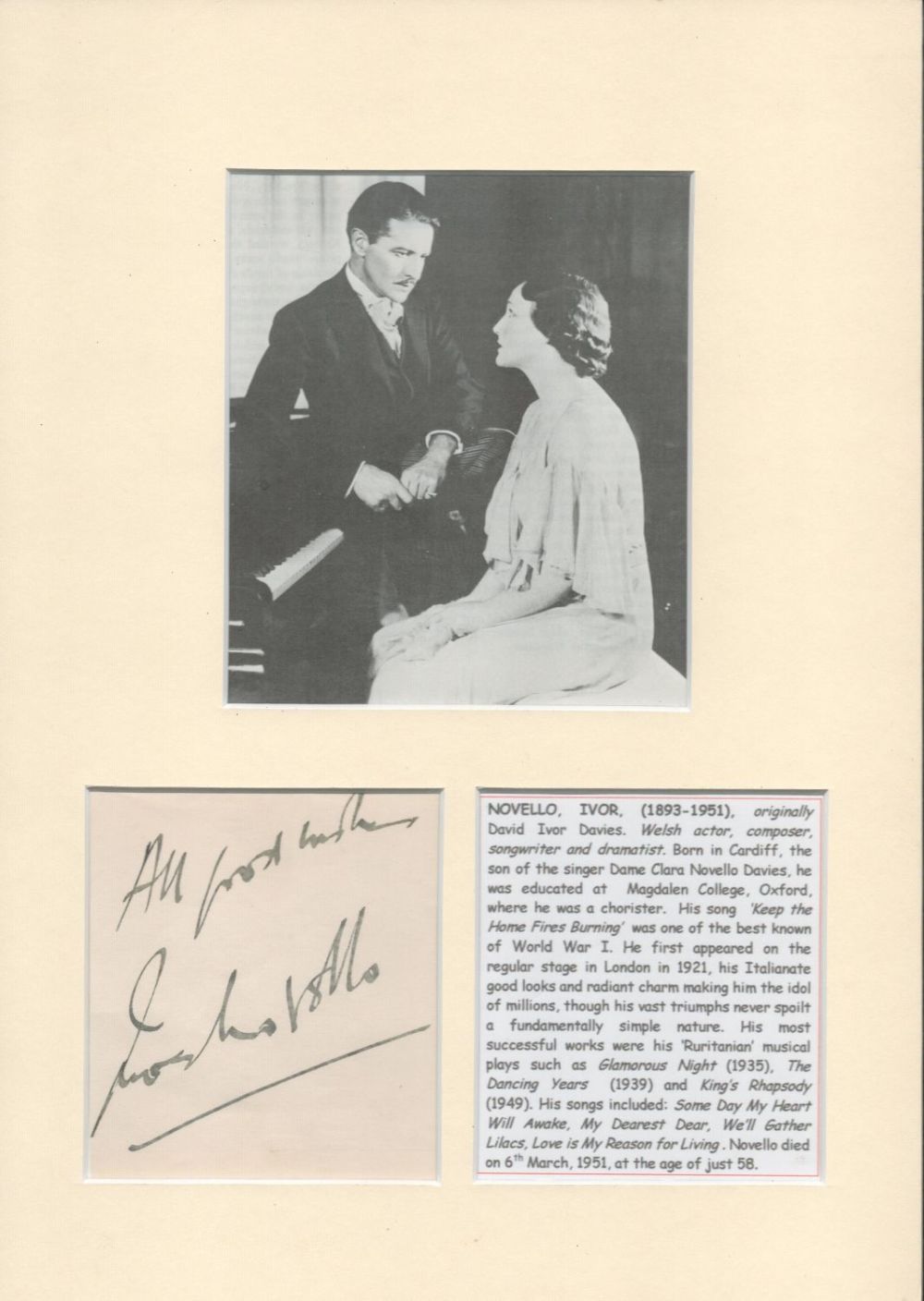 Lot 718: Ivor Novello signature piece mounted below black and...