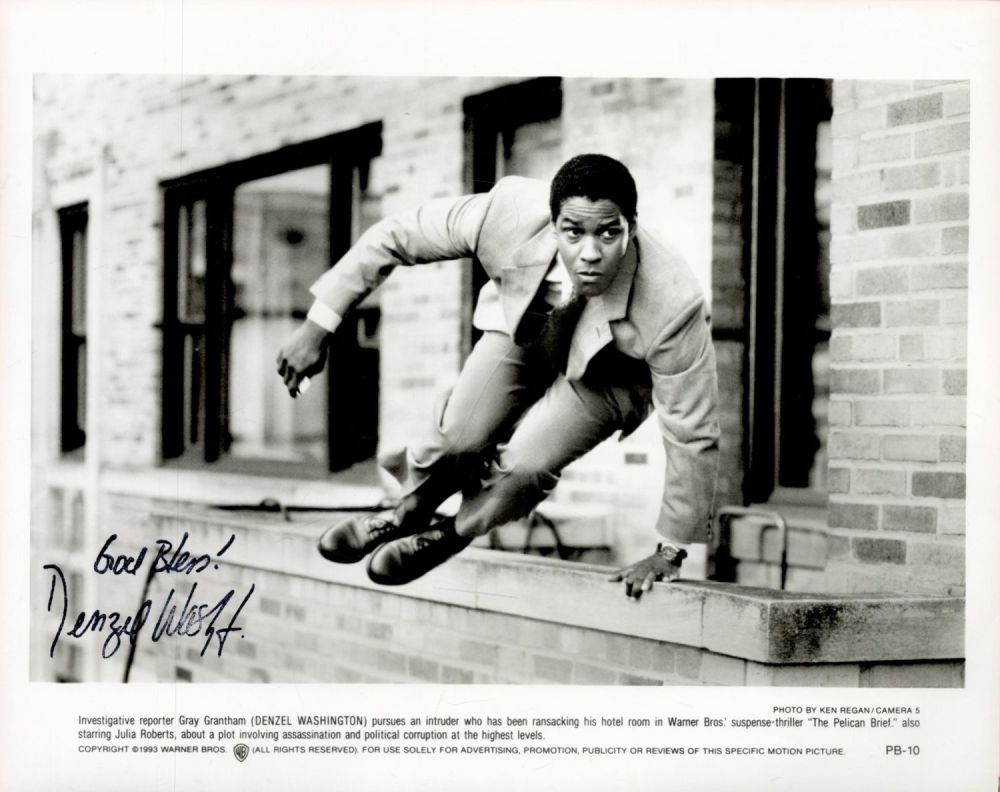 Lot 60: Denzel Washington signed, The Pelican Brief, 10x8 black...