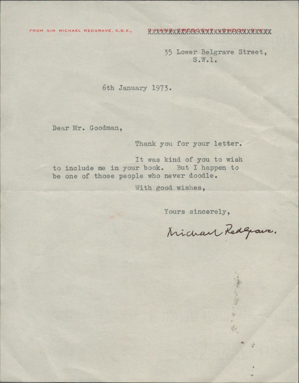 Lot 95: Michael Redgrave TLS dated 6/1/73 on his headed...