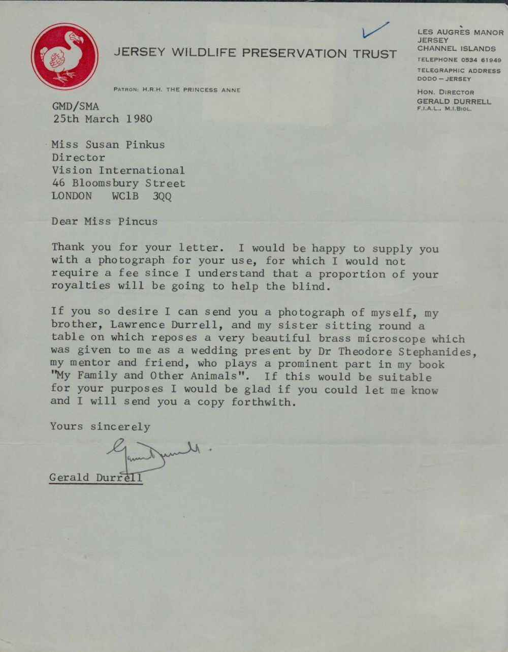Lot 113: Gerald Durrell TLS dated 25/3/80 on the headed...