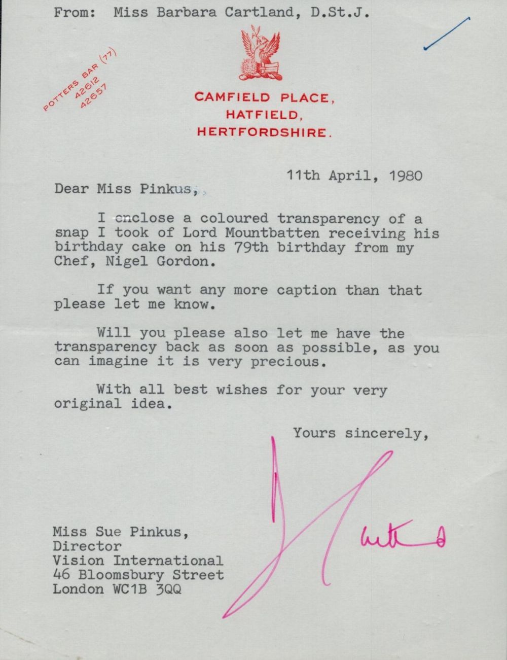 Lot 115: Barbara Cartland TLS dated 11/4/80 on her headed...
