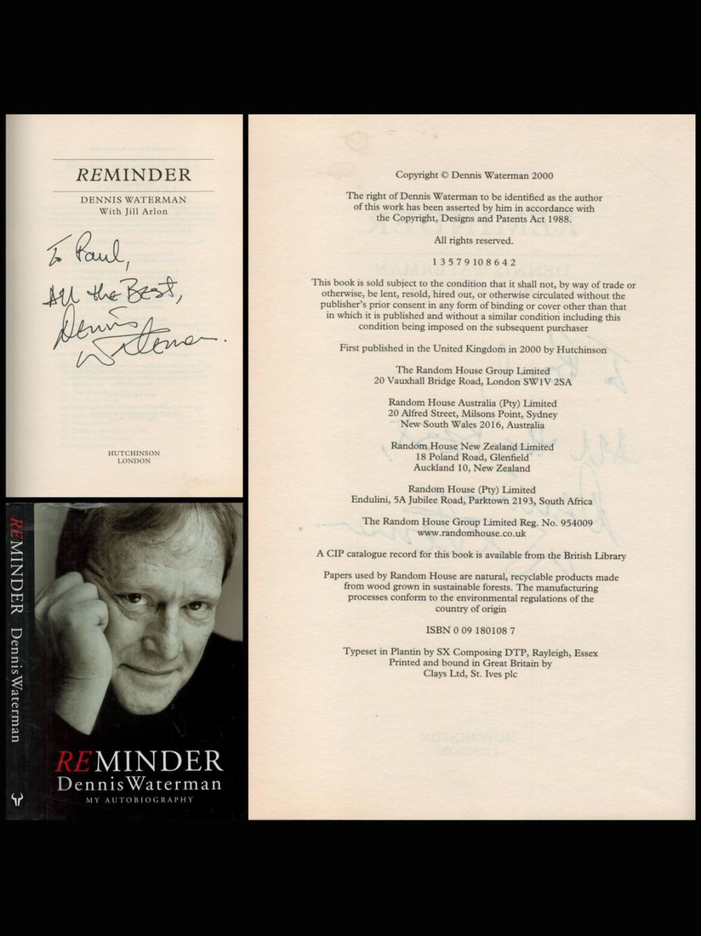 Lot 172: Dennis Waterman signed ReMinder, My Autobiography hardback bookAll...