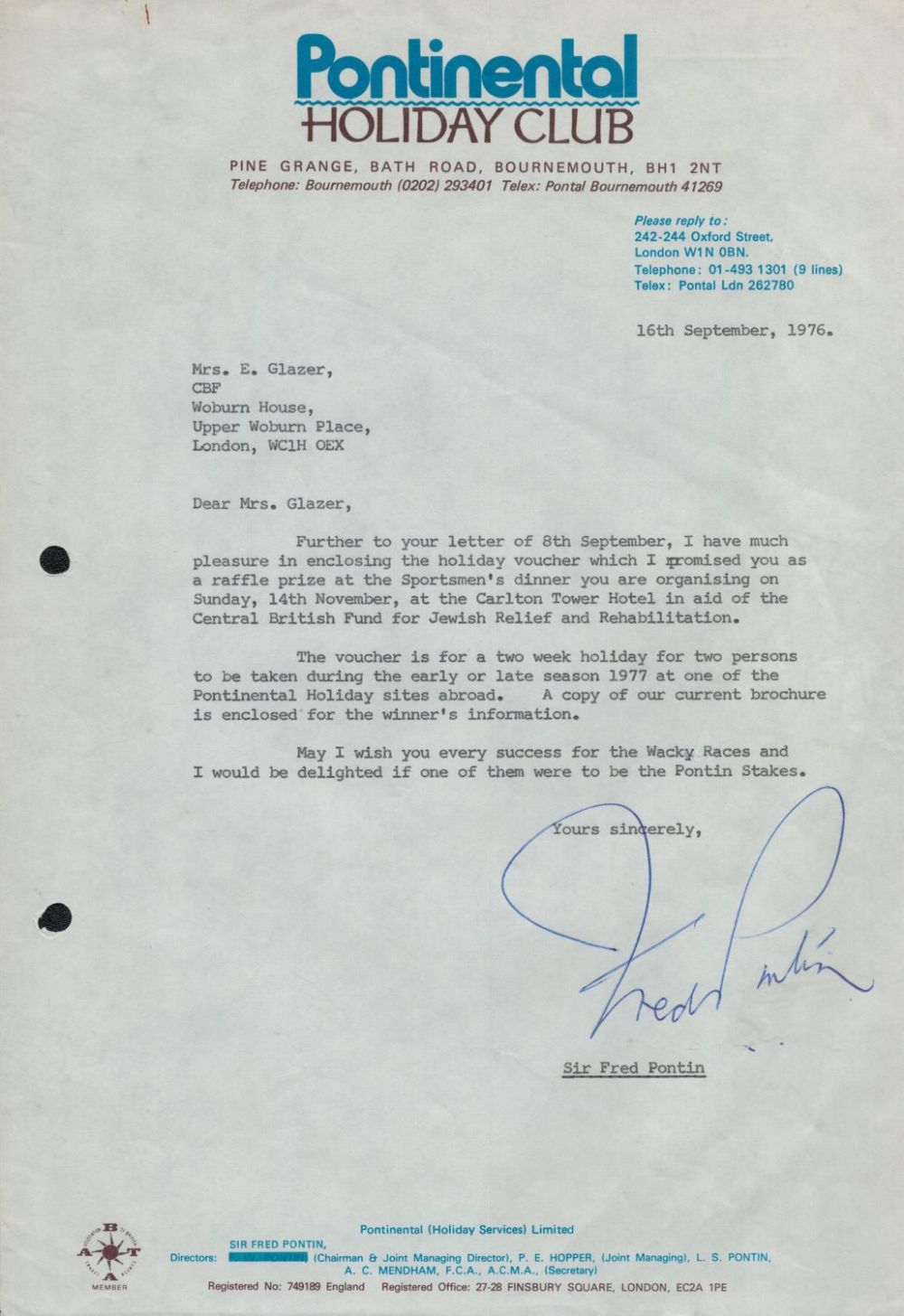 Lot 243: Sir Fred Pontin TLS. Pontins Holiday Club Founder...