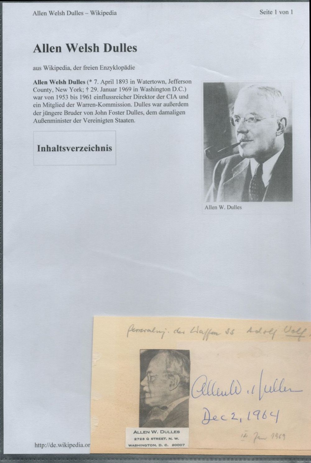 Lot 245: Allen Welsh Dulles signed album page and information...