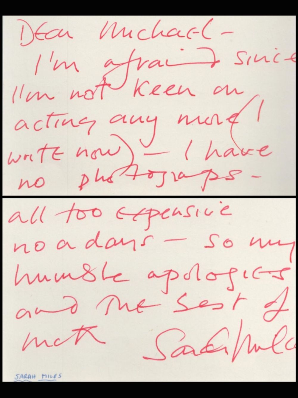 Lot 305: Sarah Miles Signed card Handwritten note about her...