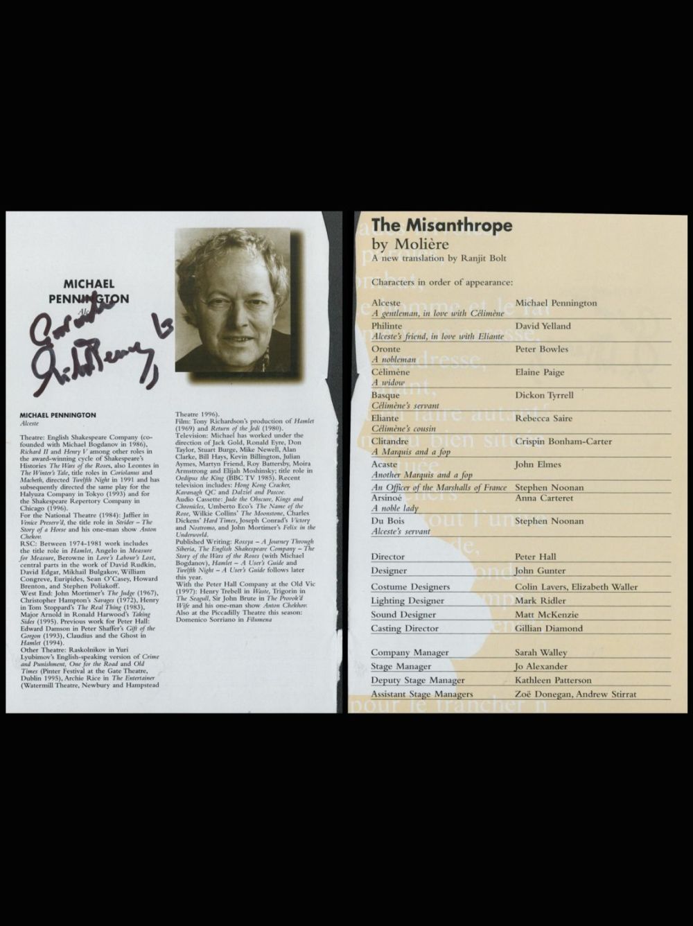 Lot 369: Michael Pennington Signed Flyer Approx Size 9 x...