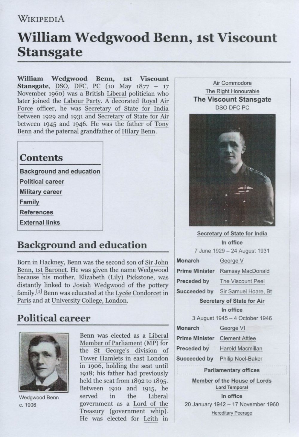 Lot 413: William Wedgwood Benn signed album page. Benn, 1st...