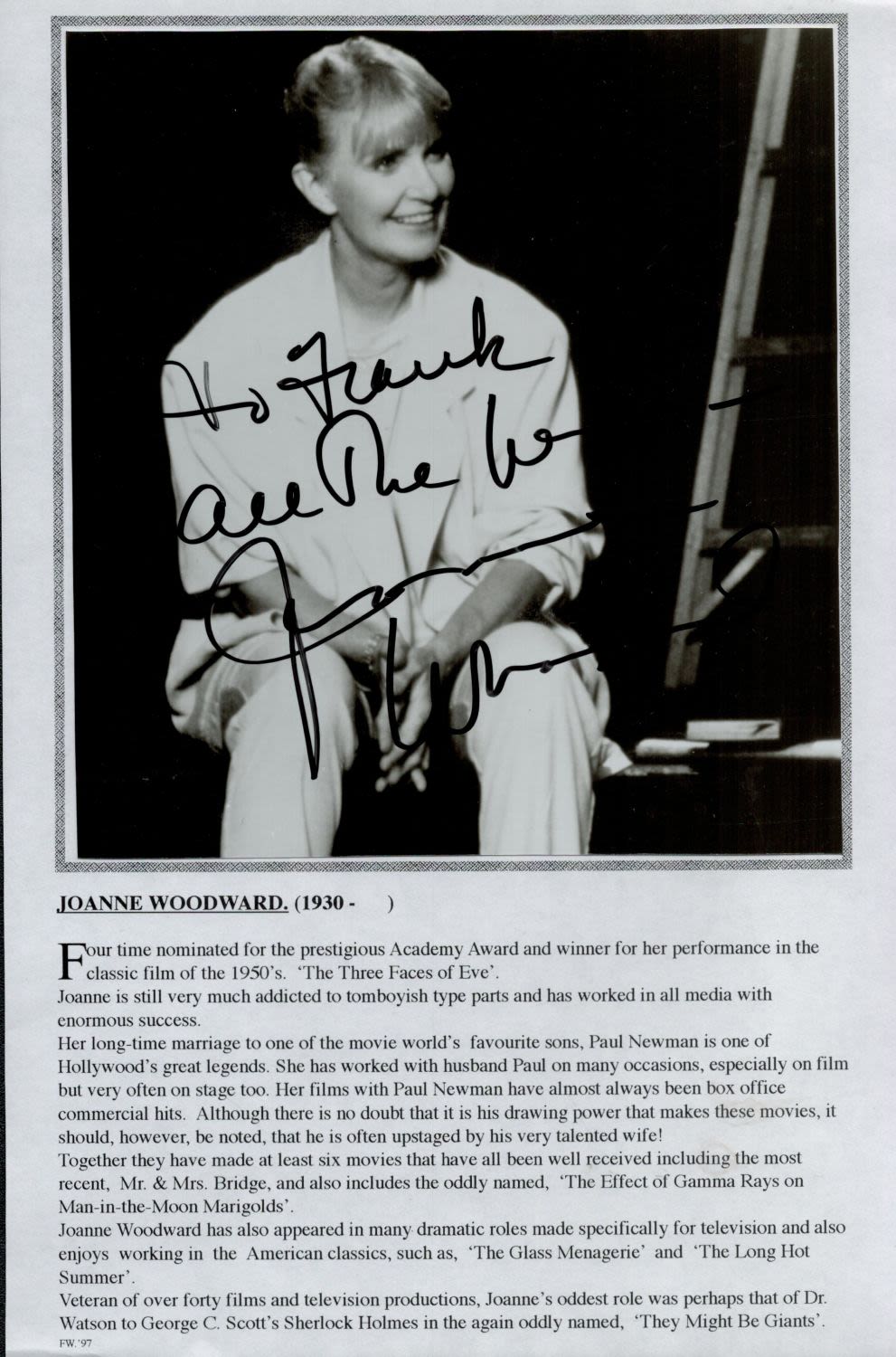 Lot 475: Joanne Woodward Signed Black and White Photo with...