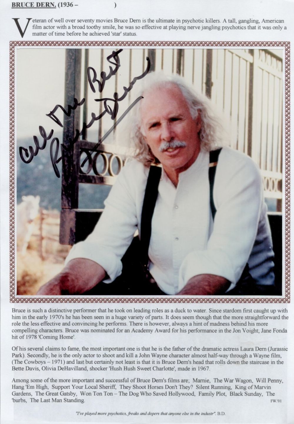 Lot 476: Bruce Dern Signed Colour Photo with info. Approx...