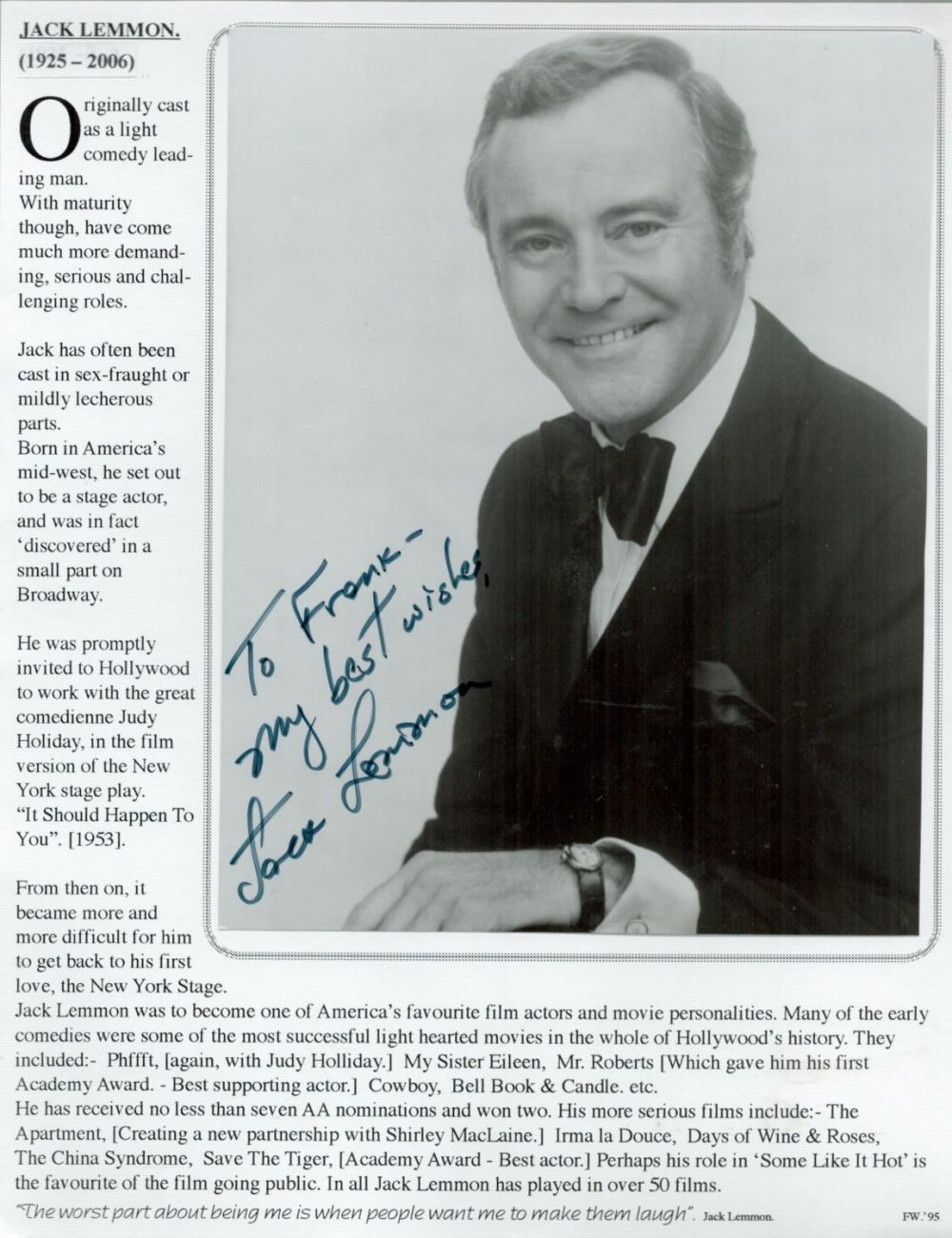 Lot 479: Jack Lemmon Signed Black and White Photo with...