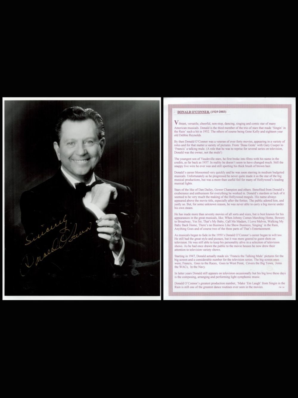 Lot 484: Donald O'Conner Signed Black and White with info....