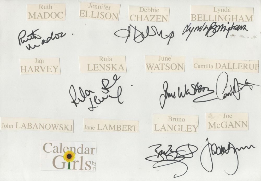 Lot 526: Calendar Girls multi signature piece. Signed by 8....