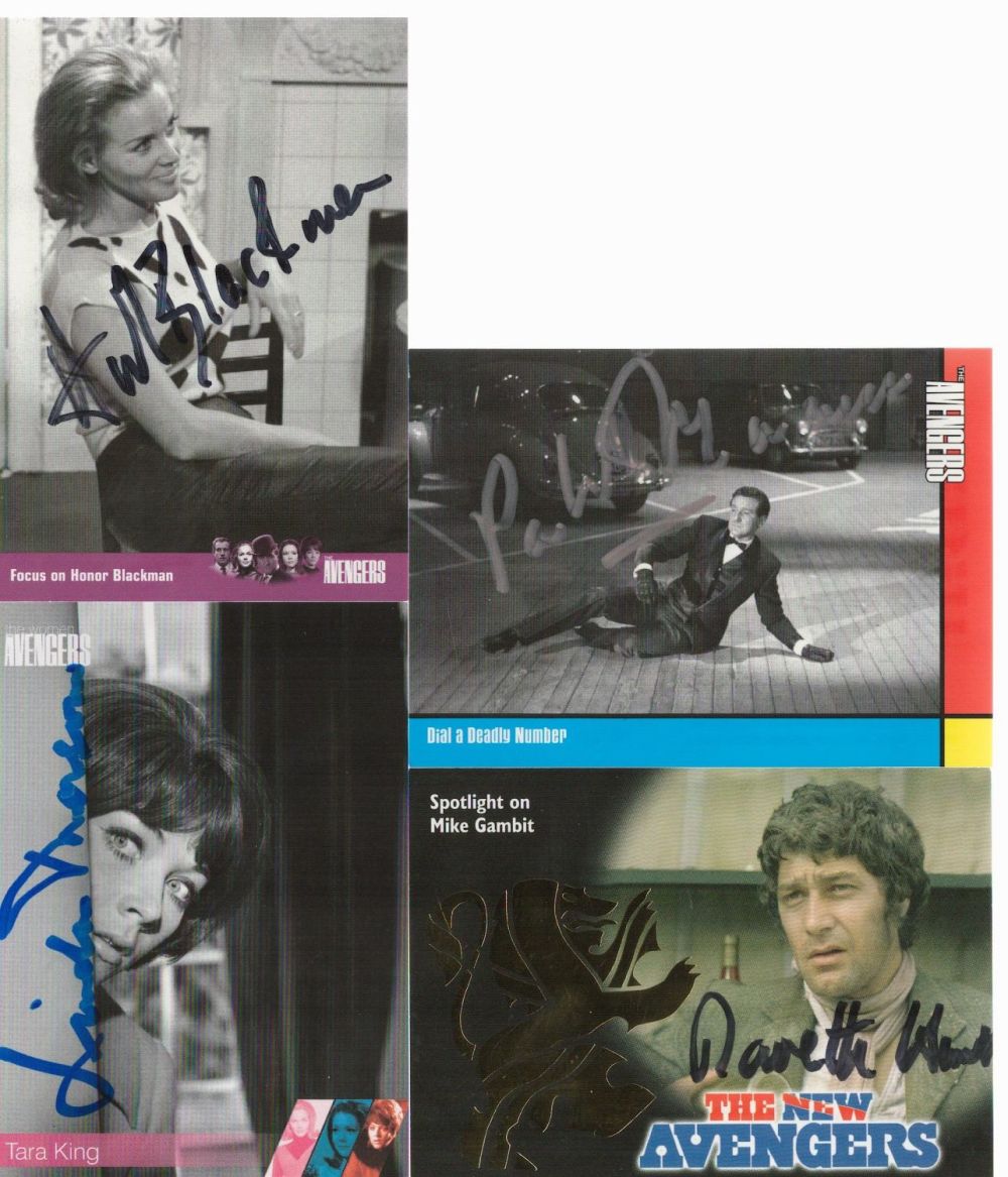 Lot 551: The Avengers, four signed trading cards, size, all...