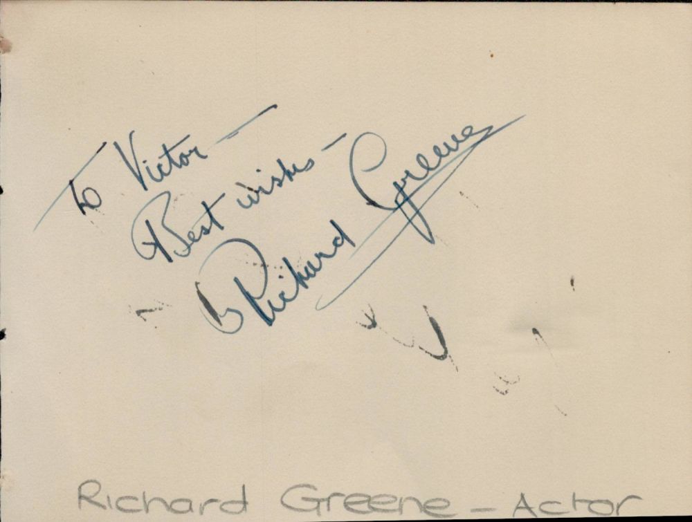 Lot 621: Richard Greene (Robin hood) signed album page. Dedicated....