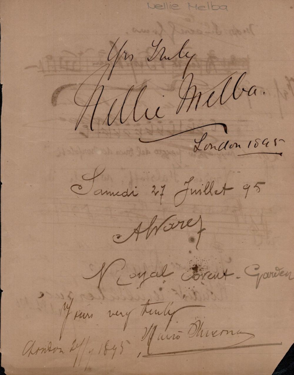 Lot 626: Nellie Melba and others signed page. Good condition....