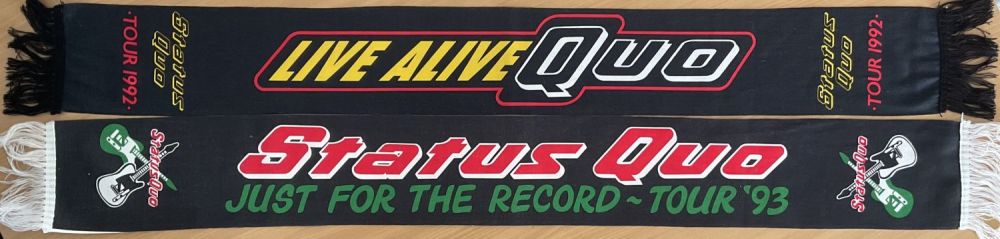 Lot 637: Status Quo tour scarves. Good condition. All autographed...