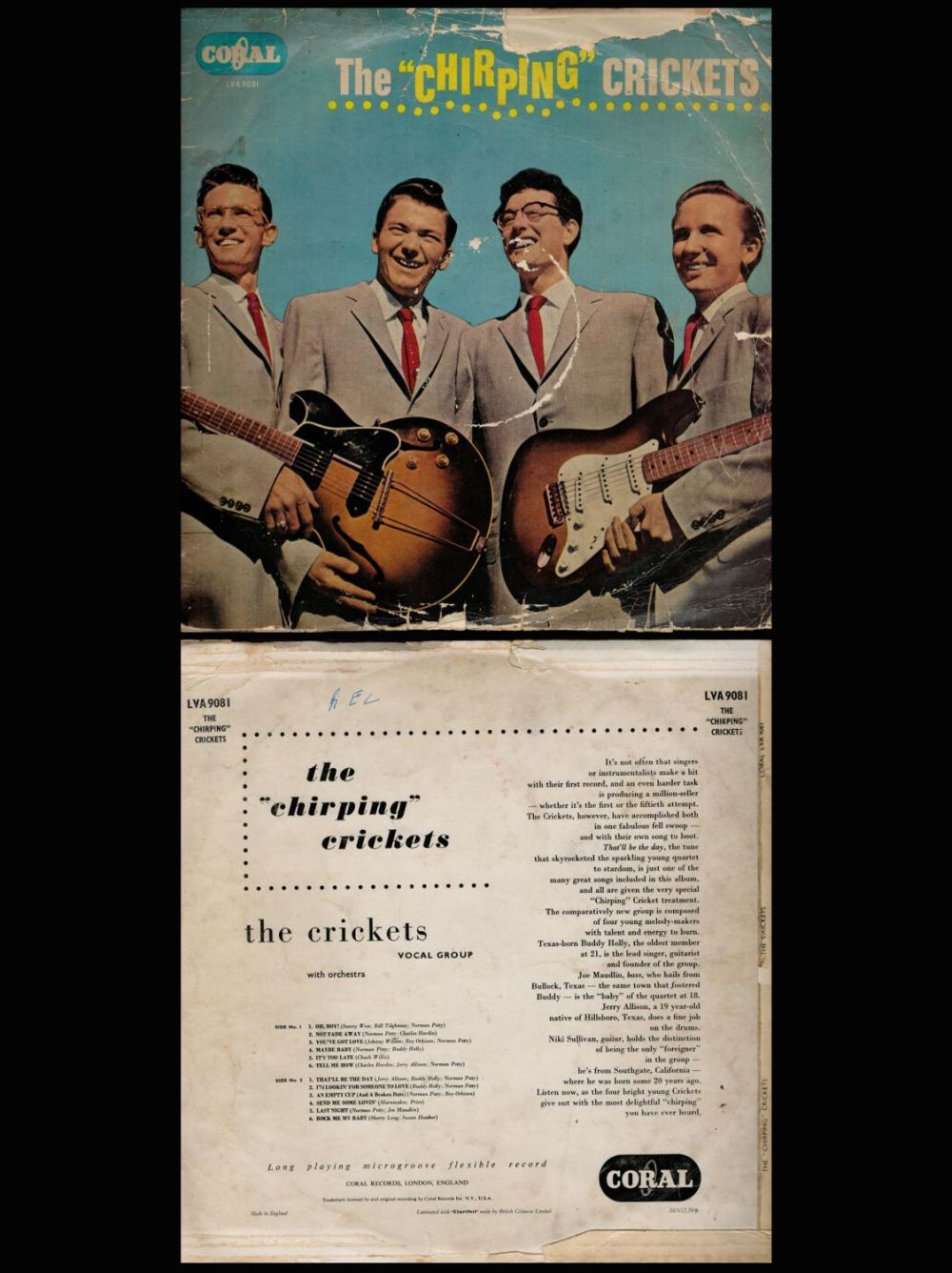 Lot 640: The Chirping Crickets 33rpm vinyl record. Some damage...