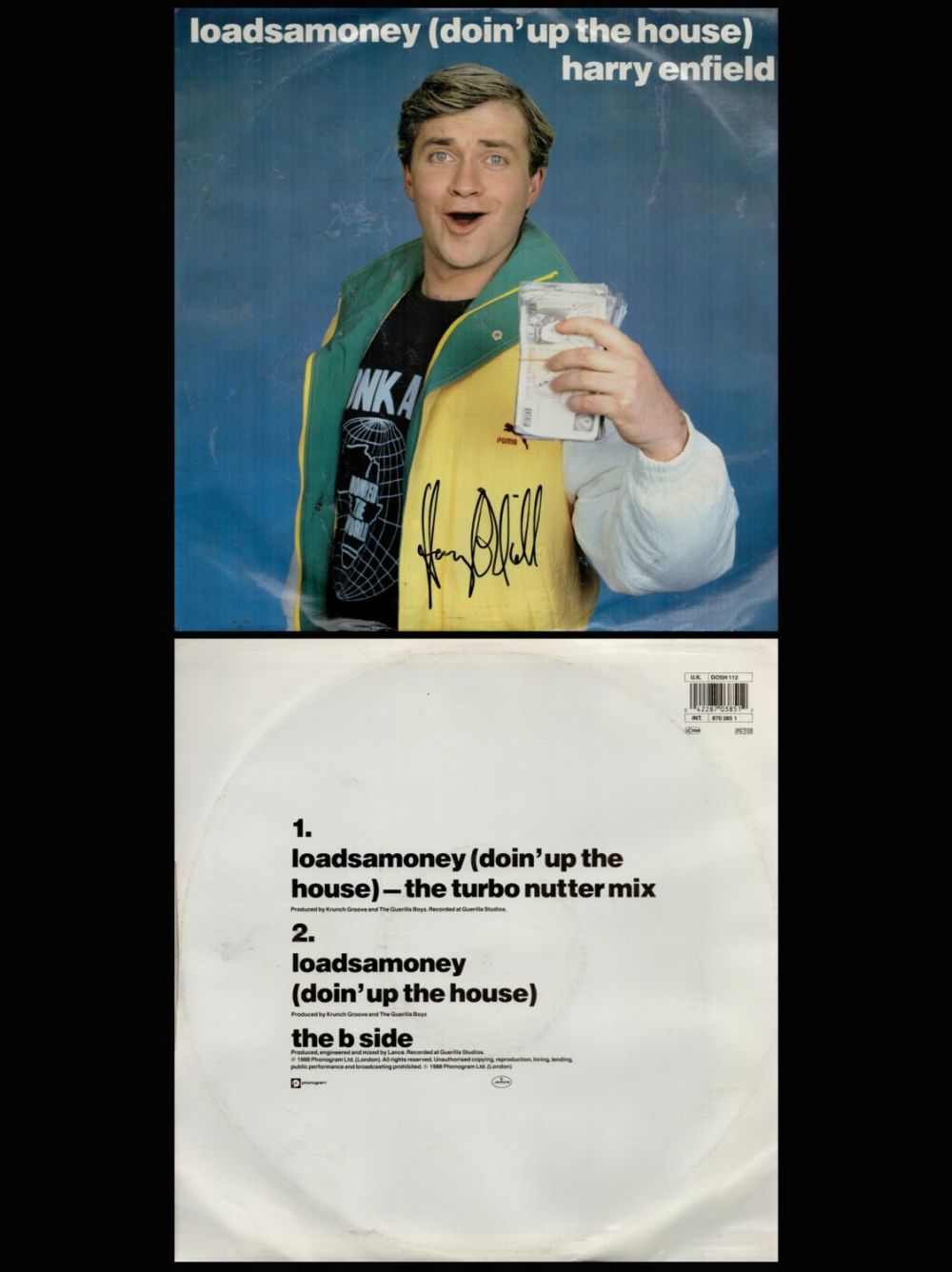 Lot 654: Harry Enfield signed Loadsamoney 33rpm vinyl record sleeve....