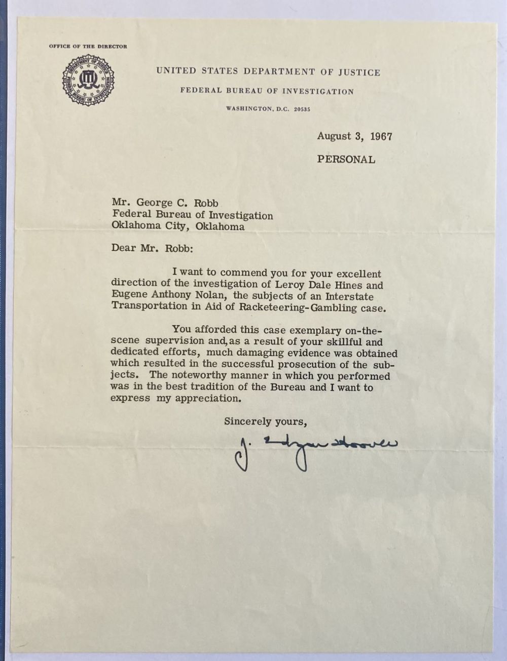Lot 18: FBI director J Edgar Hoover signed 1967 typed...