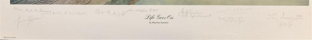 Lot 84: WWII Multisigned Maurice Gardner Colour 26x20 inch Print Titled Life Goes On. Signed in pencil by