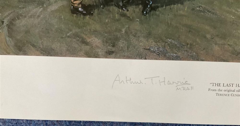 Lot 86: WWII Multi Signed The Last Halifax Colour Print by Terence Cuneo. 553/ 850. Signatures include