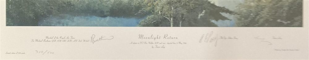 Lot 90: WWII Multi Signed Trevor Lay Colour Print Titled Moonlight Return 310 of 500 Signed by The Artist,