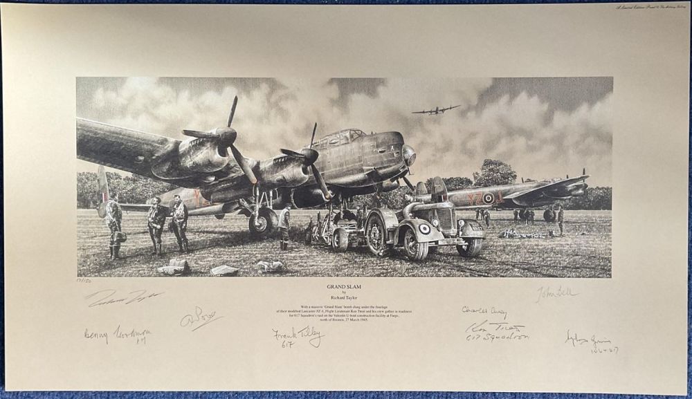 Lot 108: WWII Colour Print Grand Slam by Richard Taylor Multi Signed by Benny Goodman, Frank Tilley, John