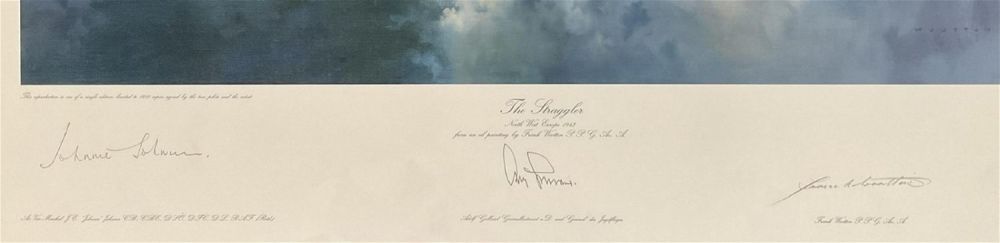 Lot 109: WWII 24X30 Colour Print titled The Straggler by Frank Wootton Multi Signed by Johnnie Johnson, Adolf