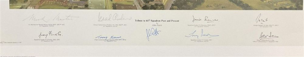 Lot 112: WWII Multi signed Dambusters Signed John Pettitt Colour Print titled Tribute To 617 Squadron Past