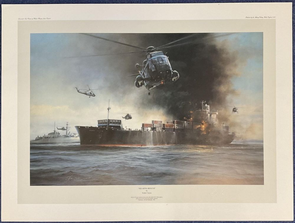 Lot 113: WWII Ralf Wykes Sneyd (Prince Andrew's CO) Signed Sea King Rescue Colour Print by Robert Taylor. .