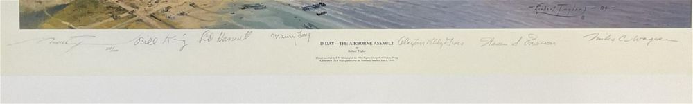 Lot 114: WWII Multi Signed Robert Taylor Colour Print Titled D Day The Airborne Assault 35x25 Inches. . All