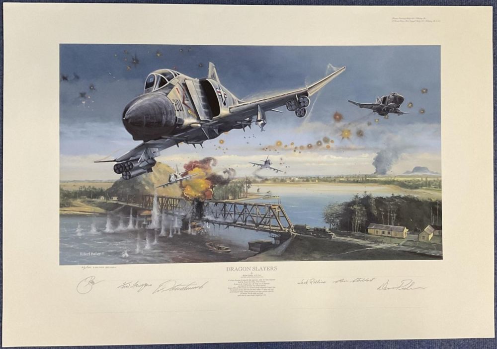 Lot 115: Robert Bailey Vietnam War Print Titled Dragon Slayers Multi Signed by 5 veterans who Bombed Thanh