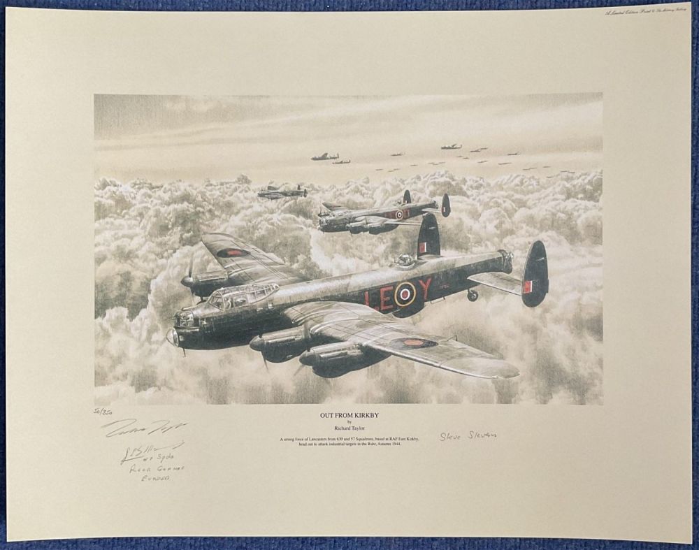 Lot 121: WWII Flt Lt Stevie Stevens and 2 others Signed Richard Taylor Colour Print Titled Out From Kirkby.
