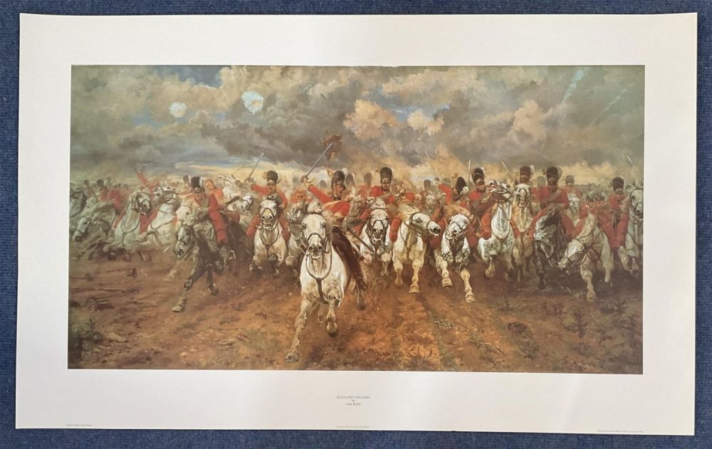 Lot 133: Historical Military Print 34x21 titled Scotland Forever! By the artist Lady Butler. . All