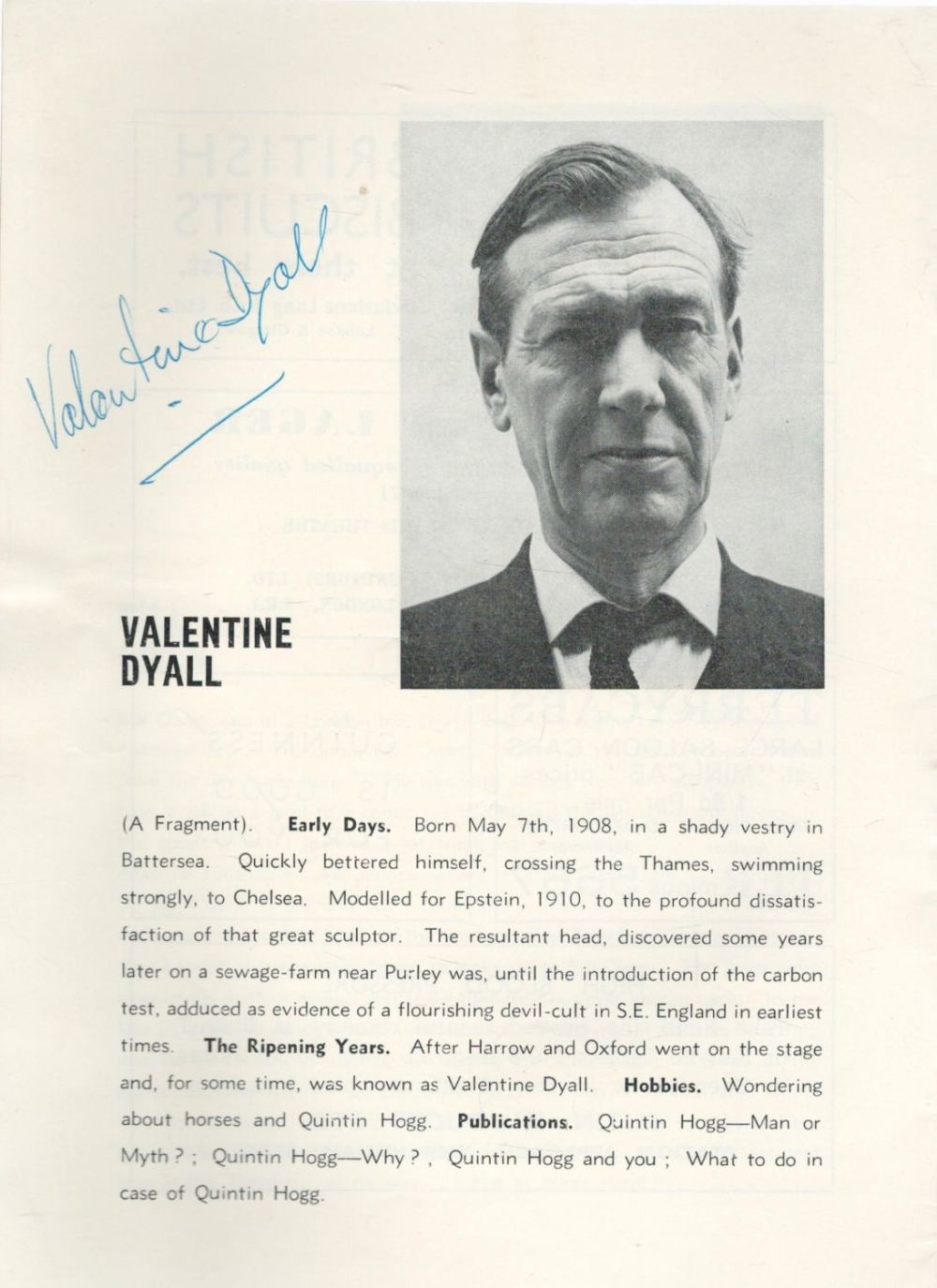 Lot 544: Valentine Dyall, 1908-1985, Actor Signed 1964 Son Of...