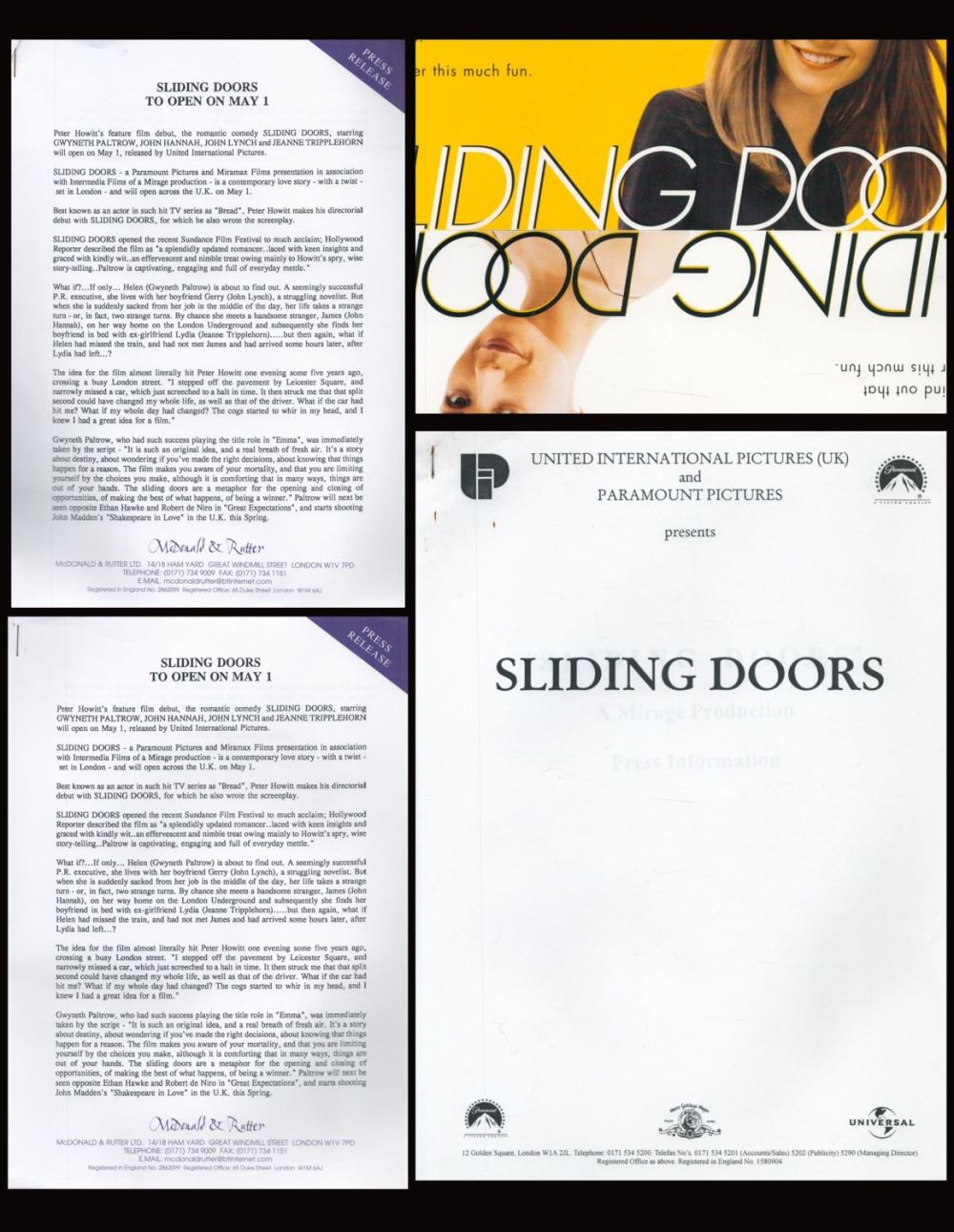 Lot 609: Film. Sliding Doors, 1988, Collection of Press Release...