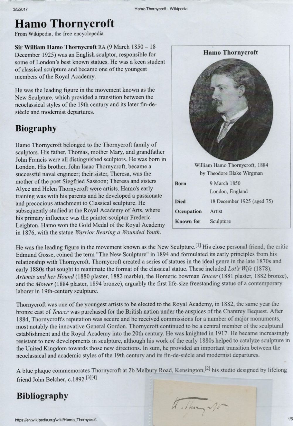 Lot 253: Sir William Hamo Thornycroft signed 3x1 irregular page cutting. Sir William Hamo Thornycroft RA (9