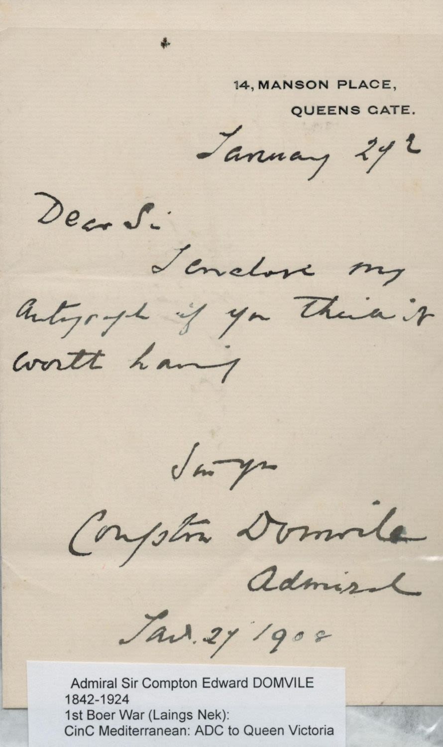 Lot 265: Admiral Sir Compton Edward Domvile ALS dated Jan 27, 1908. Admiral Sir Compton Edward Domvile,