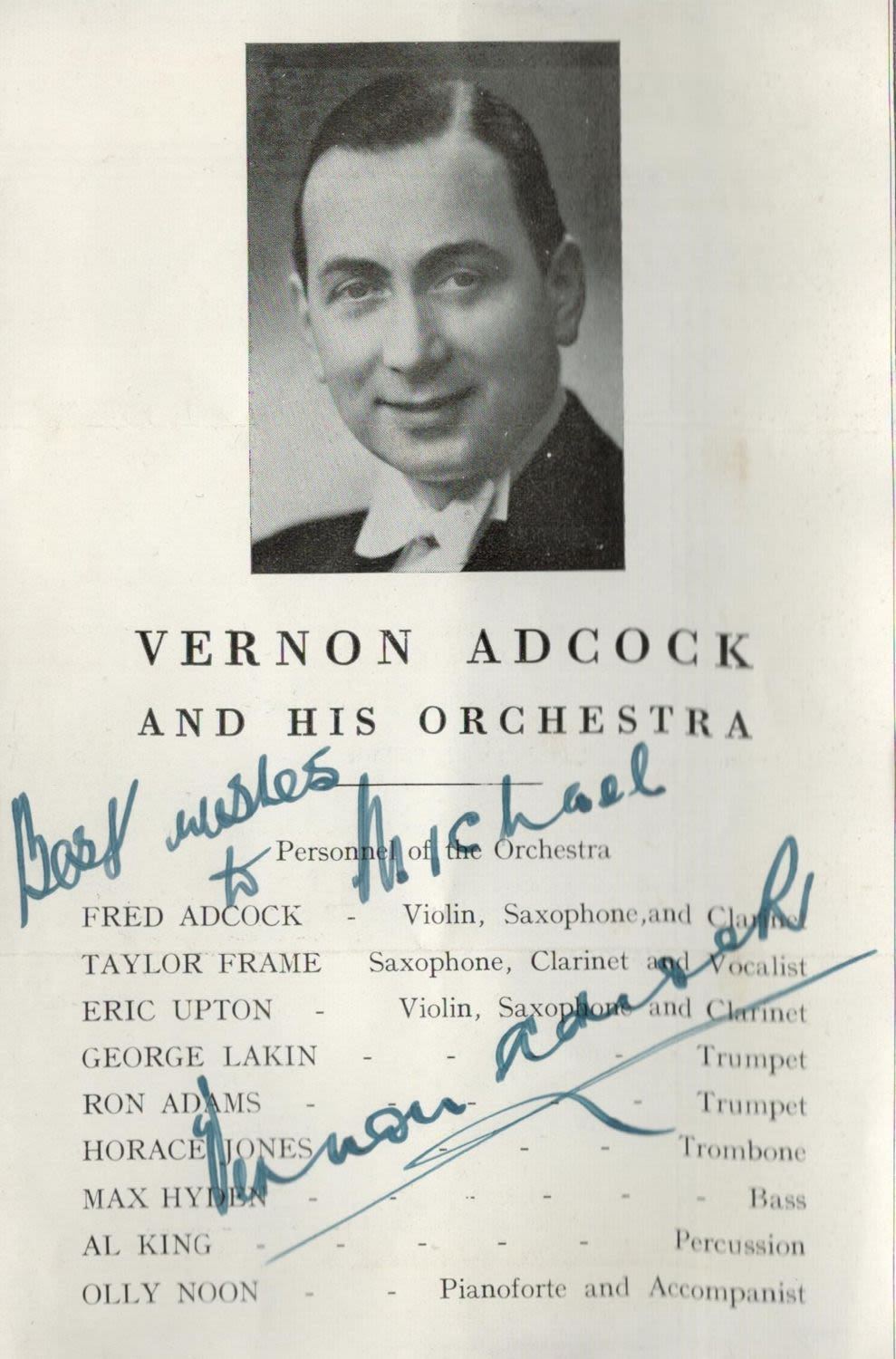 Lot 294: Vernon Adcock signed 7x5 inch music programme cutout. Good Condition. All autographs are genuine