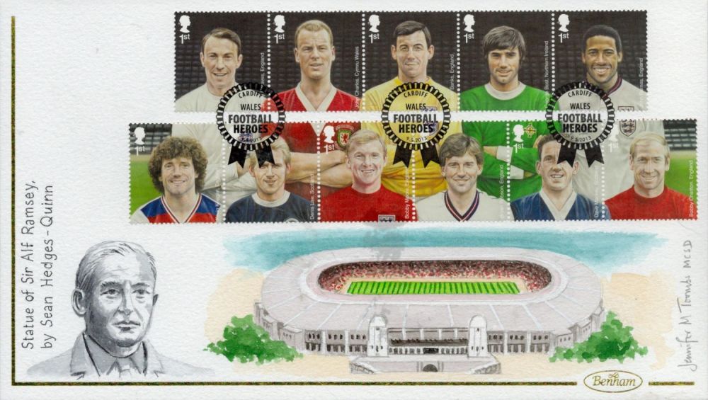 Lot 405: Artist Jennifer Toombs hand painted and signed Benham FDC, 2013 Football Heroes official cover. Good