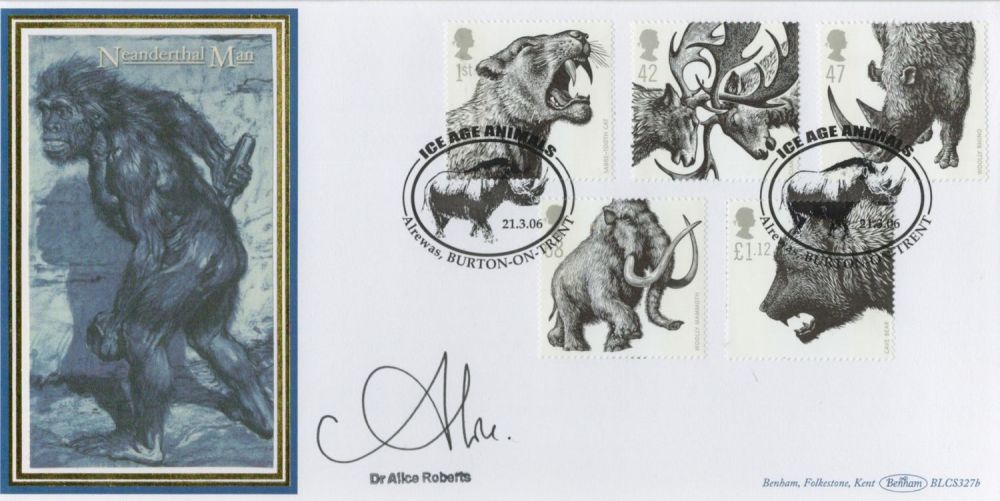 Lot 457: Dr Alice Roberts signed Neanderthal Man Benham FDC double PM Ice Age Animals, Alrewas, Burton on